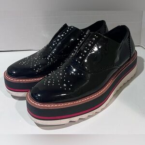 ZARA Black Faux Patent Leather Studded Platform Slip-On Oxfords Shoes Size 40